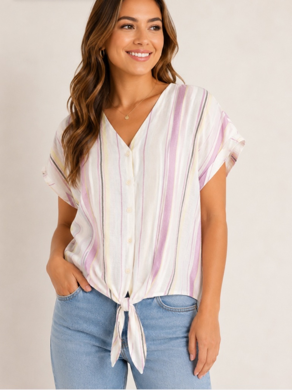 Three Dots Women’s Pastel Striped Button Front Tie Hem Blouse, size Medium